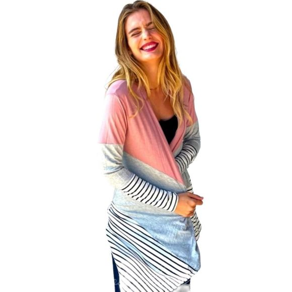 (Out Of Stock) Mauve Color Block Stripe Cardigan - Picture 4 of 6